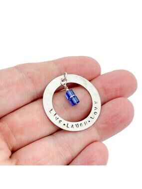 Sterling Silver 925 Blue Crystal "Live Laugh Love" Hammered Circle Pendant